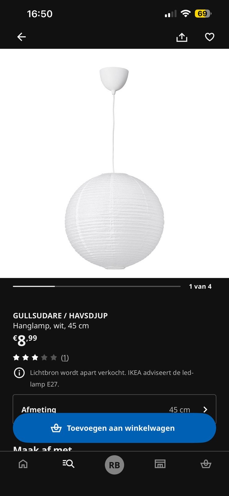 Gullsudare / Havsdjup lamp Ikea 45 cm, Huis en Inrichting, Lampen | Hanglampen, Ophalen of Verzenden, Zo goed als nieuw, Minder dan 50 cm