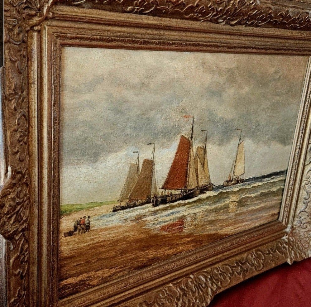 Hendrik Hulk(1842-1937) Maritiem OlieverfZEEGEZICHT erfstuk, Ophalen, Nederlandse school, Bijzondere lijst, Olieverf