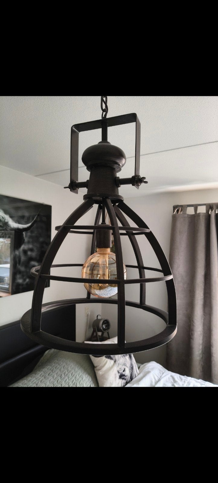 Industriële hanglamp met kooi en Edison gloeilamp, Huis en Inrichting, Lampen | Hanglampen, Ophalen, 50 tot 75 cm, Zo goed als nieuw