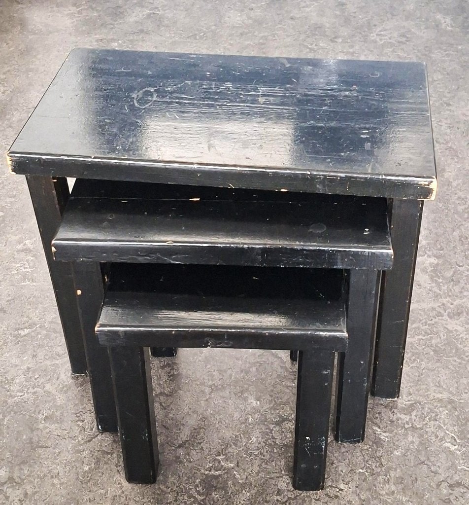 vintage set bijzettafels nesting tables zwart hout tafeltjes, Minder dan 45 cm, Minder dan 55 cm, Gebruikt, Ophalen of Verzenden