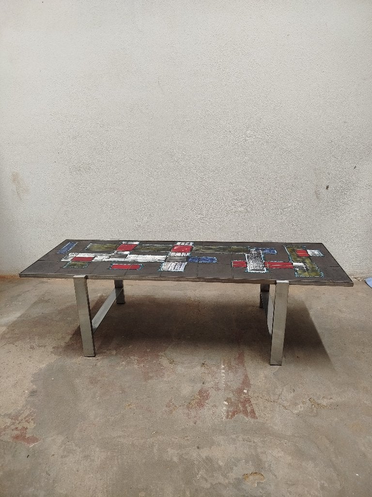 Mooie chromé vintage sixties MCM J.Belarti tegel-salontafel, Gebruikt, 100 tot 150 cm, Ophalen of Verzenden, Mid Century Modern