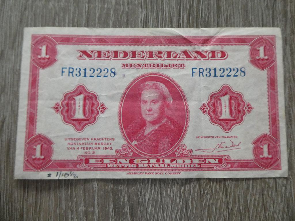 Bankbiljet van 1 Gulden, 1943, Ophalen of Verzenden, Overige soorten, Nederland, Overige typen
