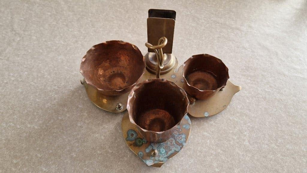 antieke koperen rokersset met luciferhouder, Antiek en Kunst, Ophalen of Verzenden, Koper