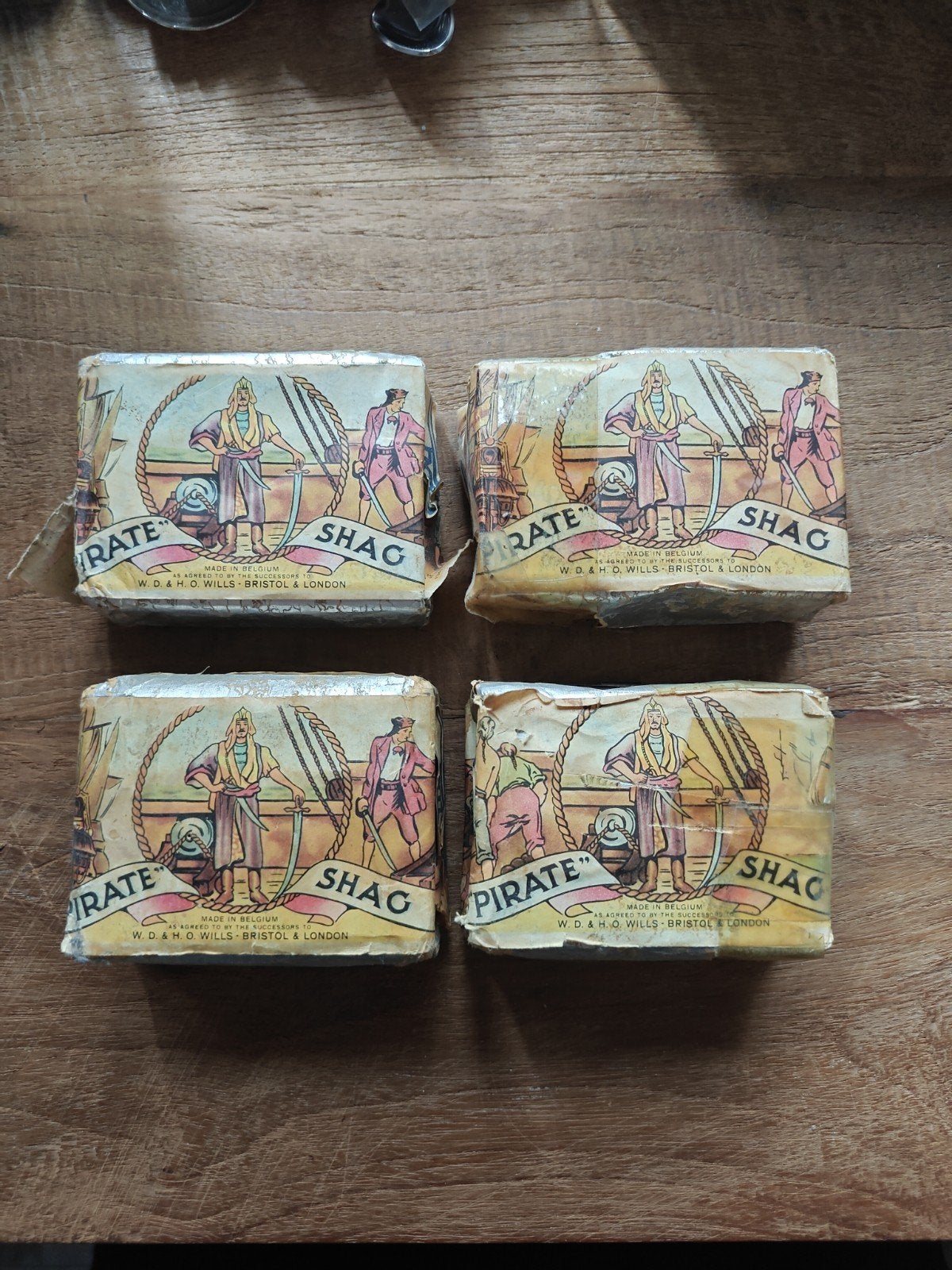 Vintage 'Pirate Shag' tabaksverpakkingen (4 stuks), Ophalen of Verzenden, Gebruikt, Tabaksdoos of Verpakking