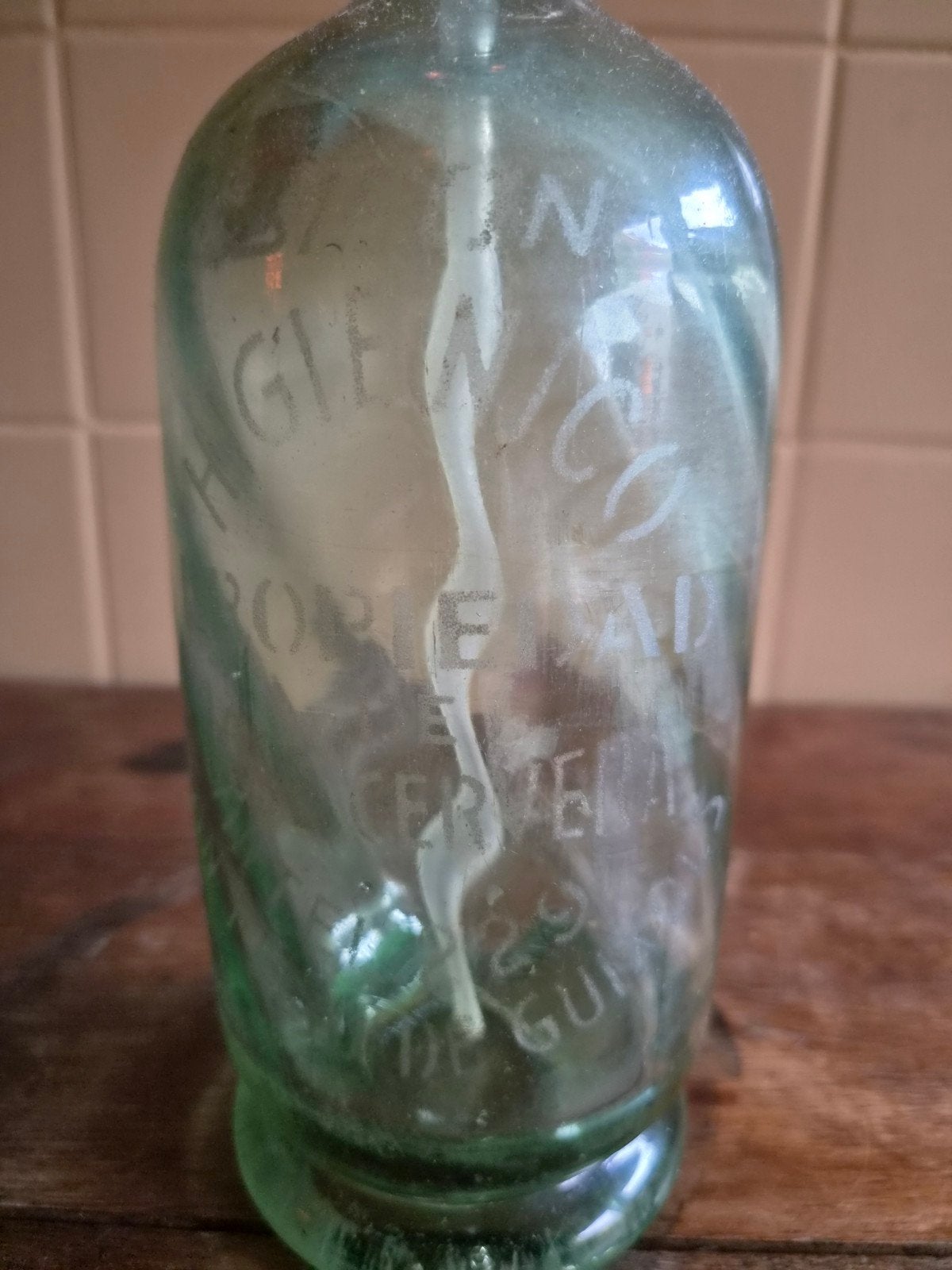 Vintage Sifonfles - Groen Glas met Blauwe Kop, Ophalen of Verzenden
