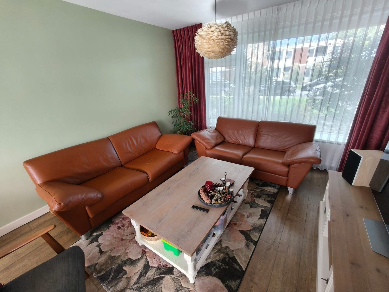Cognac leren bankstel 2- en 3-zits, Huis en Inrichting, Ophalen, Gebruikt, Overige maten, Rechte bank