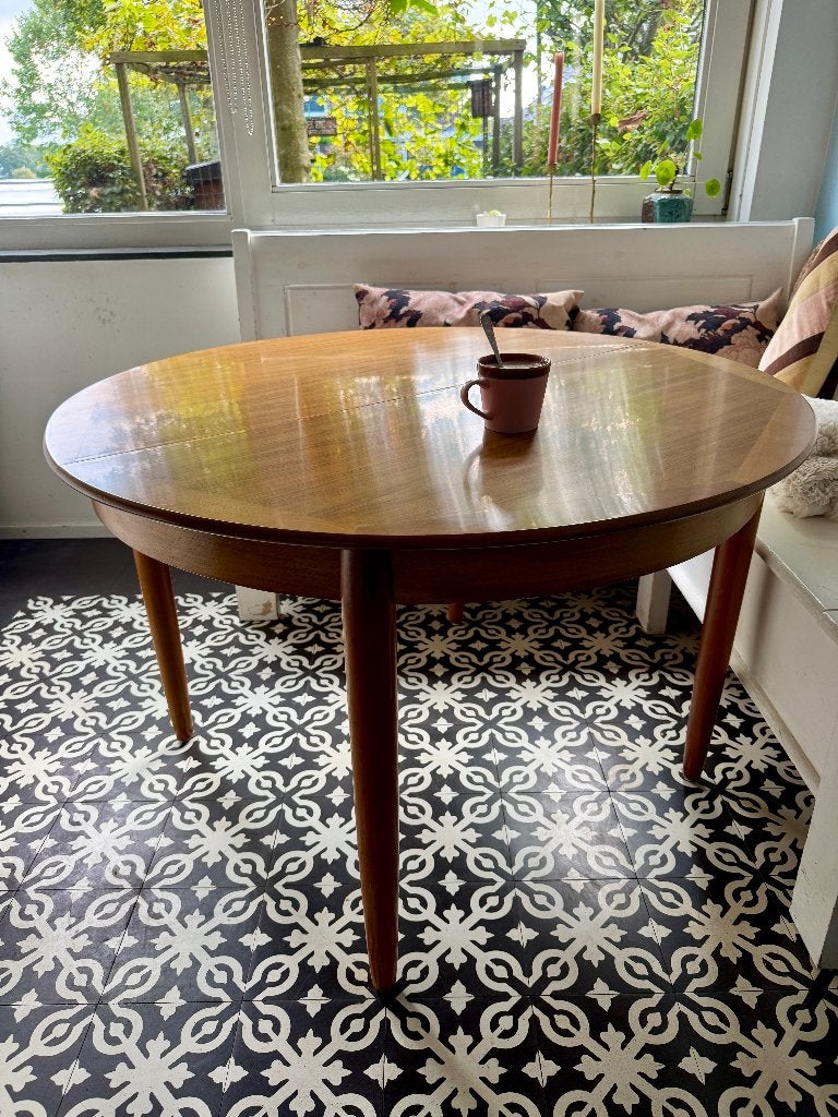 Vintage Deense Teak Mid-Century Design Eettafel, Ophalen, Gebruikt, 100 tot 150 cm, Mid-Century