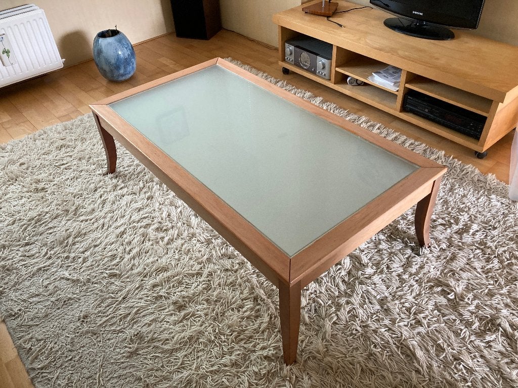 Kersenhouten salontafel met glazen blad - 132x72x40 cm, Glas, 100 tot 150 cm, Design jaren 90, Gebruikt