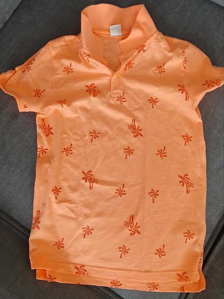 Hema Oranje Polo Shirt met Palmboom Print Maat 146/152, Gebruikt, Jongen of Meisje, Ophalen of Verzenden, Shirt of Longsleeve