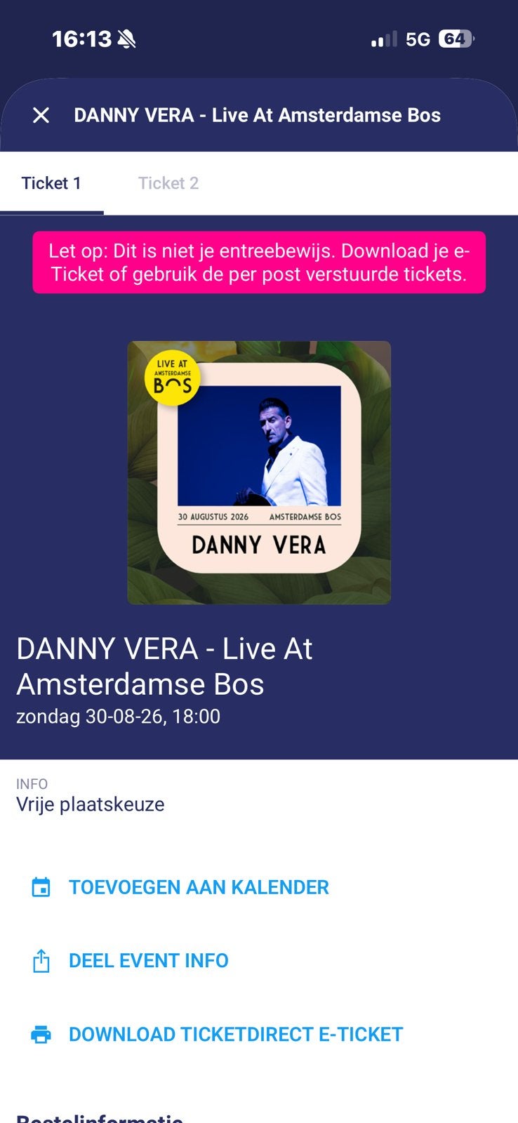 Danny Vera 30 aug Amsterdamse Bos, Tickets en Kaartjes, Twee personen, Augustus