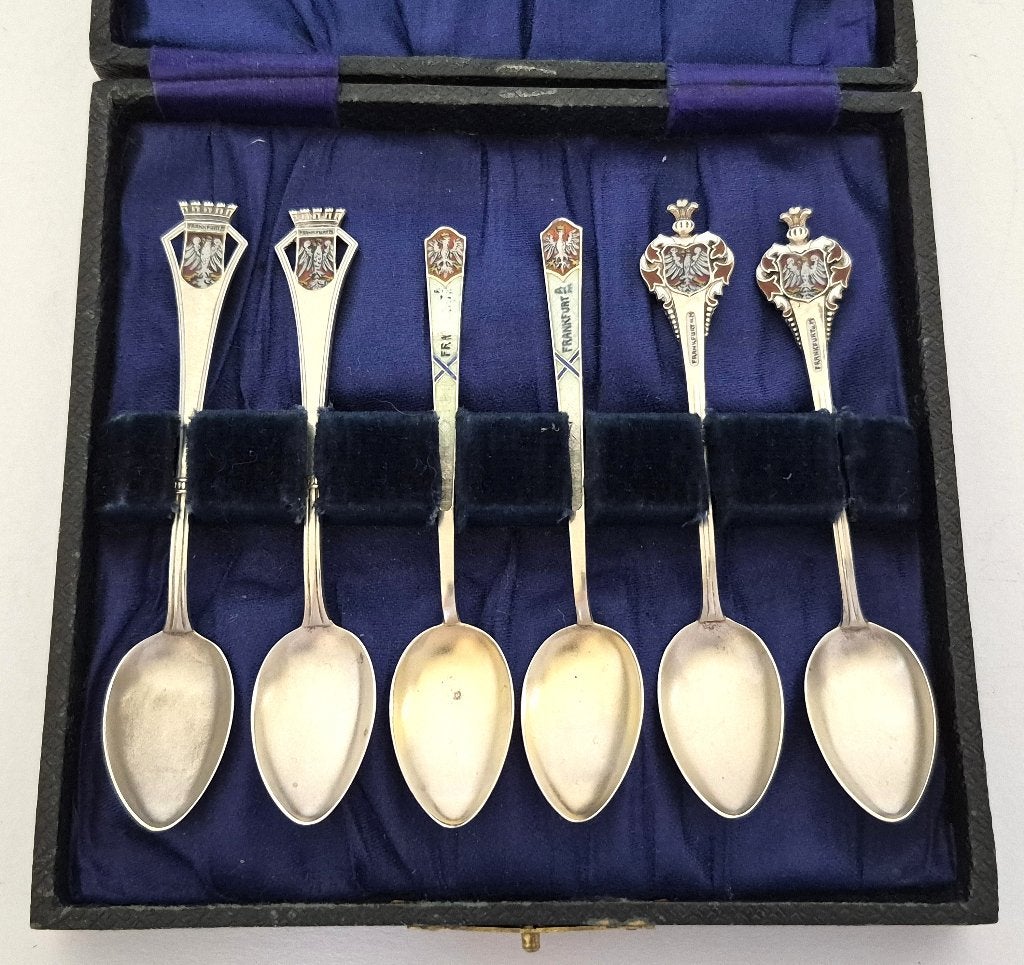 6x Zilveren met emaille souvenir lepeltjes "Frankfurt", Ophalen of Verzenden, Zilver