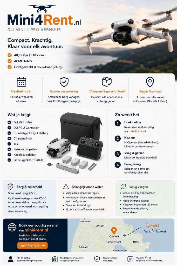 DJI Mini 4 Pro drone huren in Noord-Holland bij Mini4rent, Ophalen, Nieuw, Cameradrone