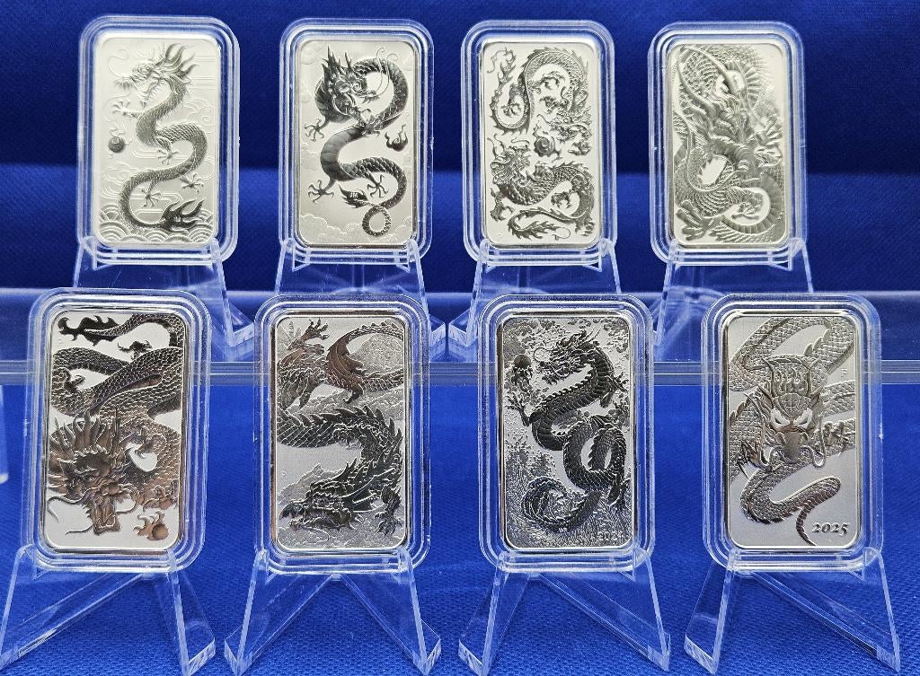 (A337) AUSTRALIA  RECTANGLE DRAGONS ONE OUNCE ALLE JAREN, Ophalen of Verzenden, Setje, Zilver