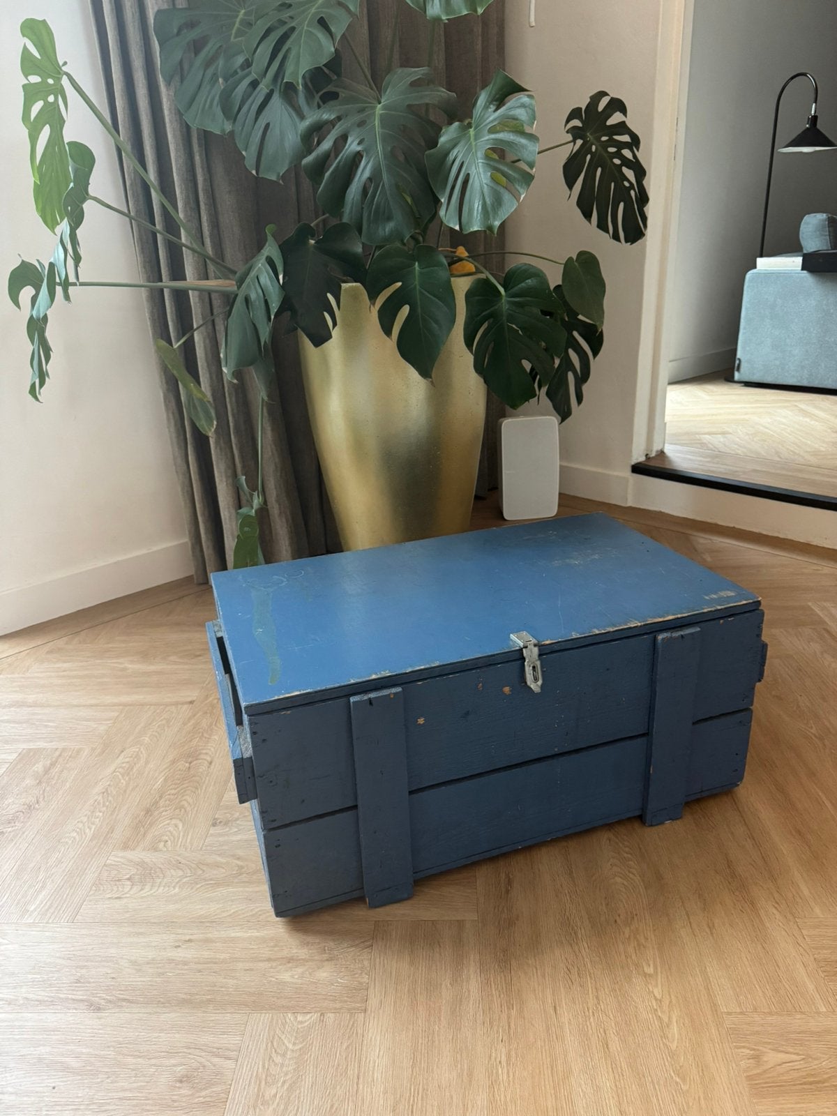 Vintage blauwe houten kist - Opbergkist, Ophalen, Gebruikt, 50 tot 100 cm, Minder dan 50 cm
