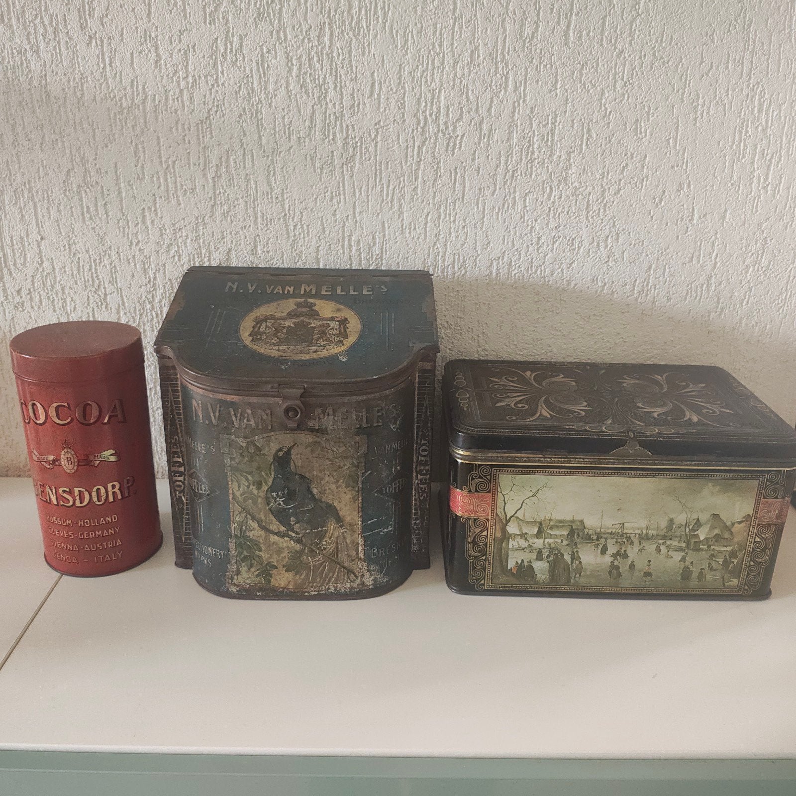 3 Antieke Blikken: Bensdorp, Van Melle's, Wintertafereel, Antiek en Kunst, Ophalen