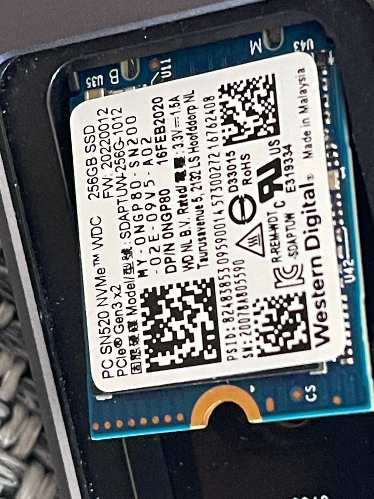 Western Digital PC SN520 256GB NVMe M.2 2230 SSD, Ophalen of Verzenden, Zo goed als nieuw, Laptop, SSD
