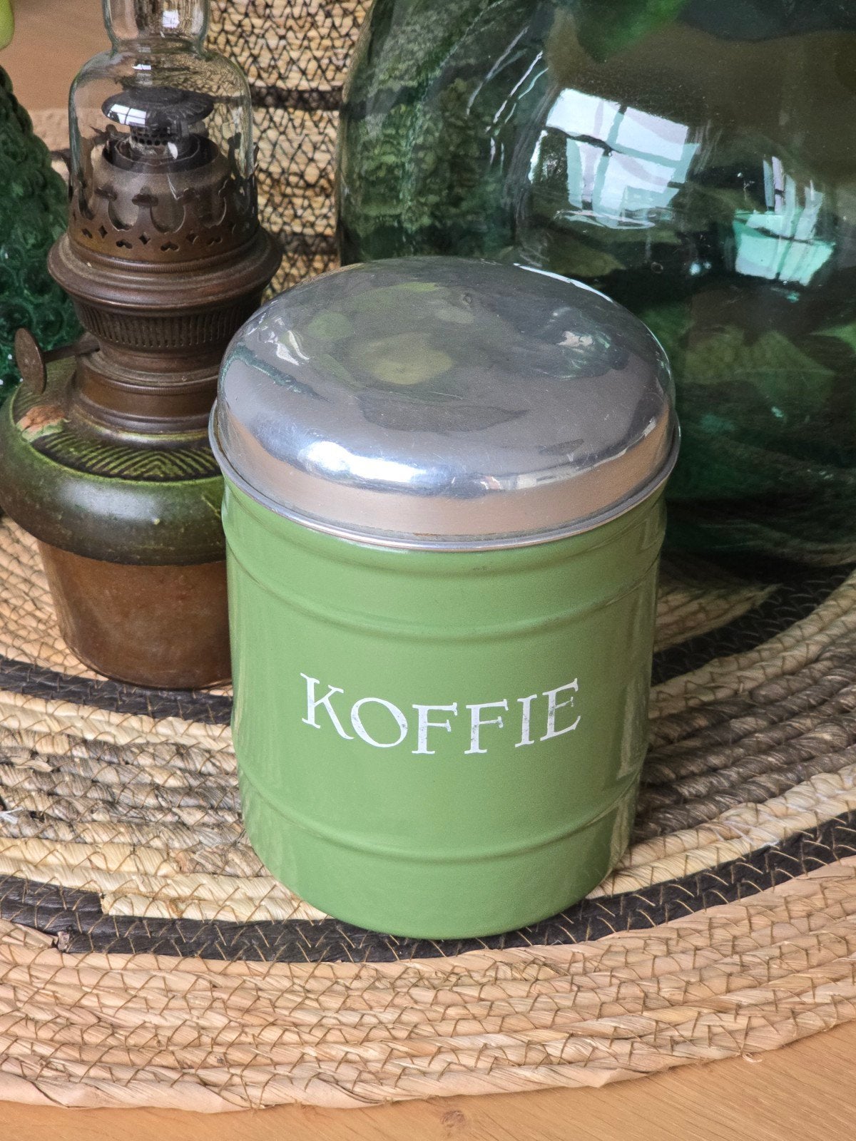 Prachtig antiek reseda groen Koffie blik €17,50, Ophalen of Verzenden