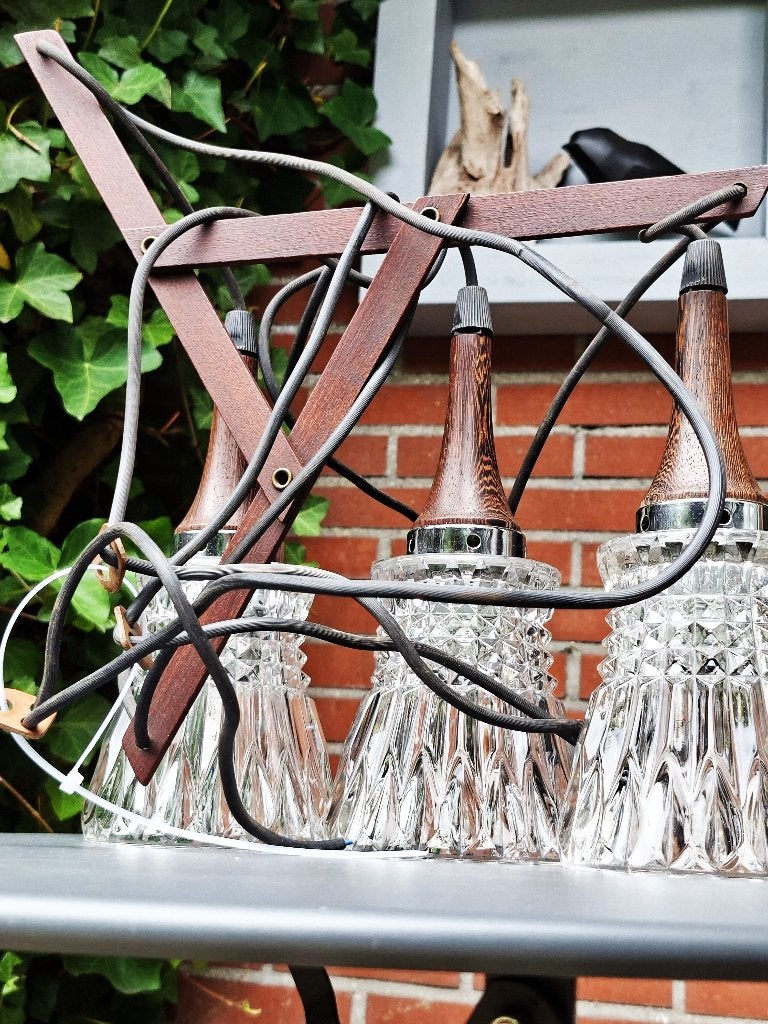 Vintage cascade hanglamp/kristal/chroom/teakhout/palissander, Huis en Inrichting, Ophalen, Gebruikt, Vintage - cascade hanglamp/kristal/chroom/teakhout/palissander