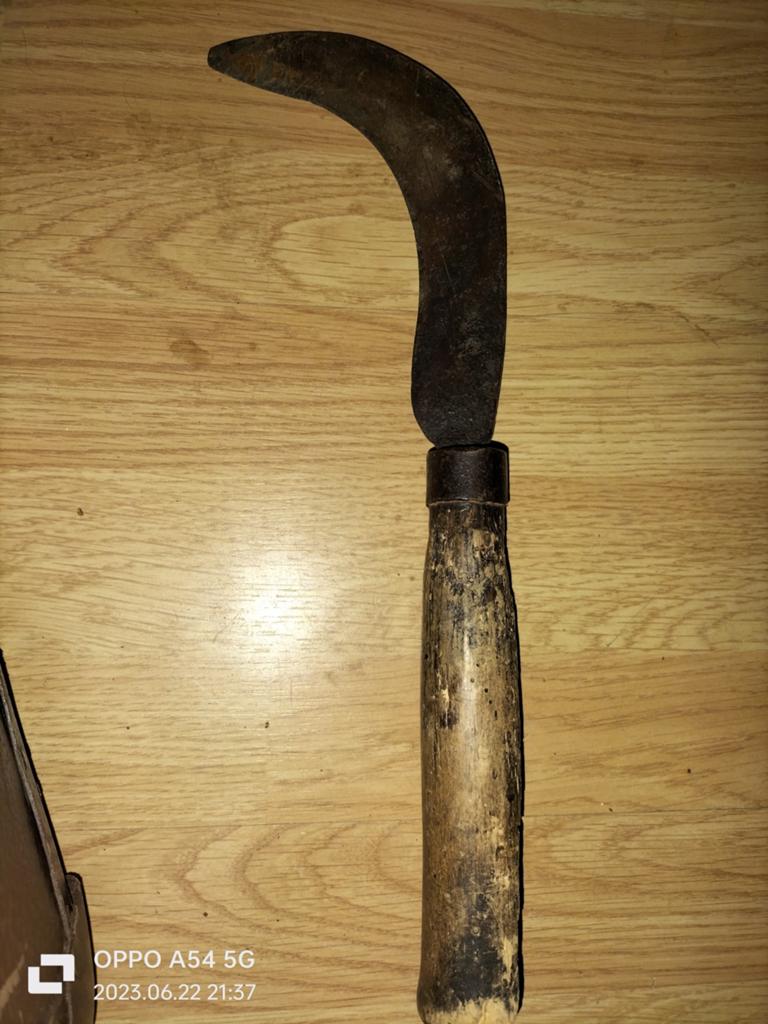 Oude sikkel met houten handvat - Vintage landbouwwerktuig, Antiek en Kunst, Antiek | Gereedschap en Instrumenten, Ophalen of Verzenden