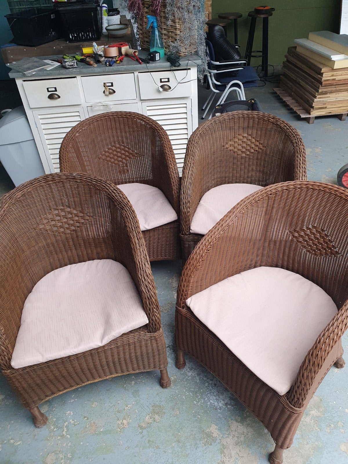 Set van 4 rotan stoelen met kussens, Huis en Inrichting, Stoelen, Ophalen, Gebruikt, Bruin, Landelijk, Bohemian