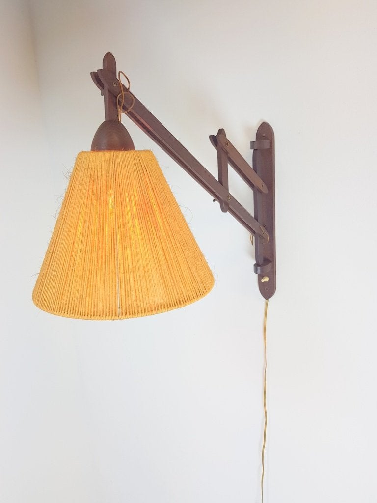 Scissors wandlamp teak hout hennep Denmark 1950 verstelbaar, Gebruikt, Bruin, Hout, Wandlamp
