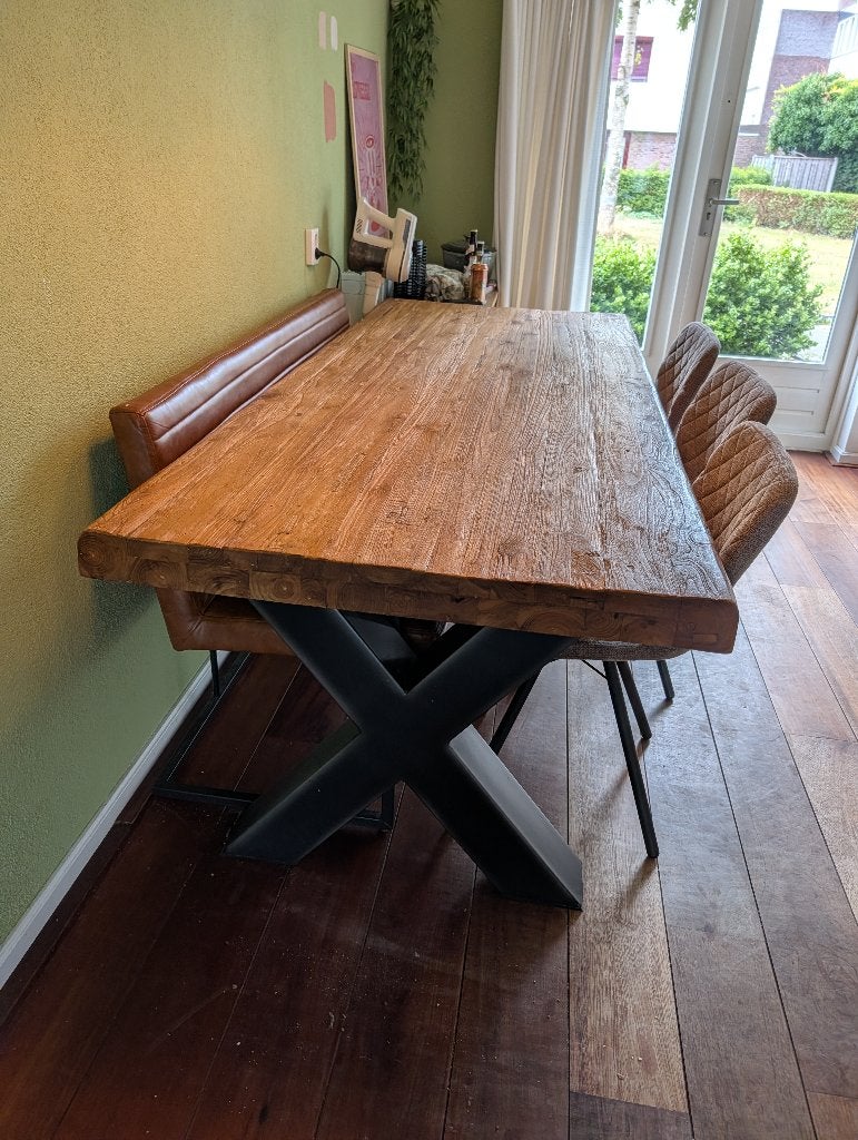 Teak eettafel, 220 bij 90 cm, X-poot, Huis en Inrichting, Ophalen, Teakhout, 200 cm of meer, 50 tot 100 cm