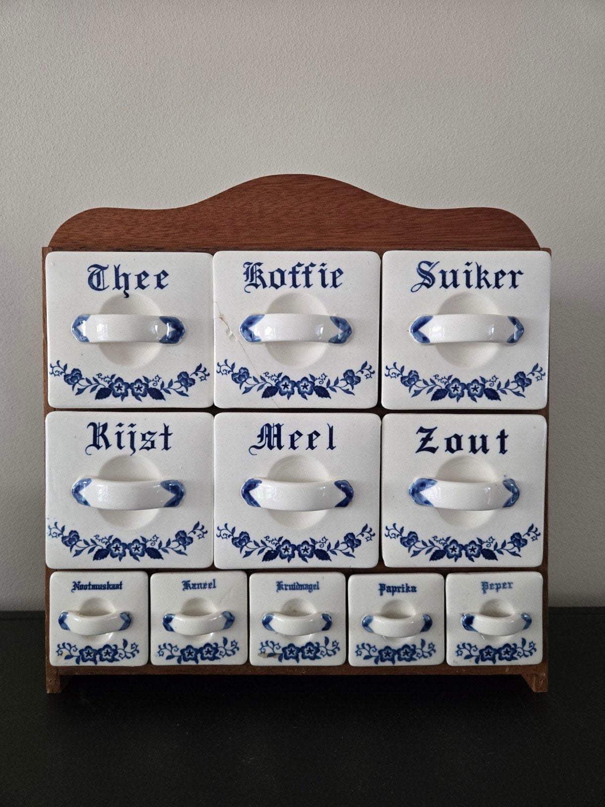 Antiek Delfts Blauw Kruidenrekje met 9 Porseleinen Potjes, Antiek en Kunst, Antiek | Keramiek en Aardewerk, Ophalen of Verzenden
