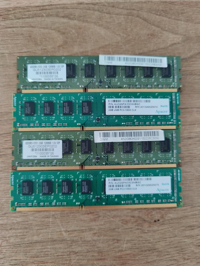 4x Apacer 2GB DDR3 RAM PC3-10600 CL9 Geheugenmodules, Computers en Software, RAM geheugen, Ophalen of Verzenden