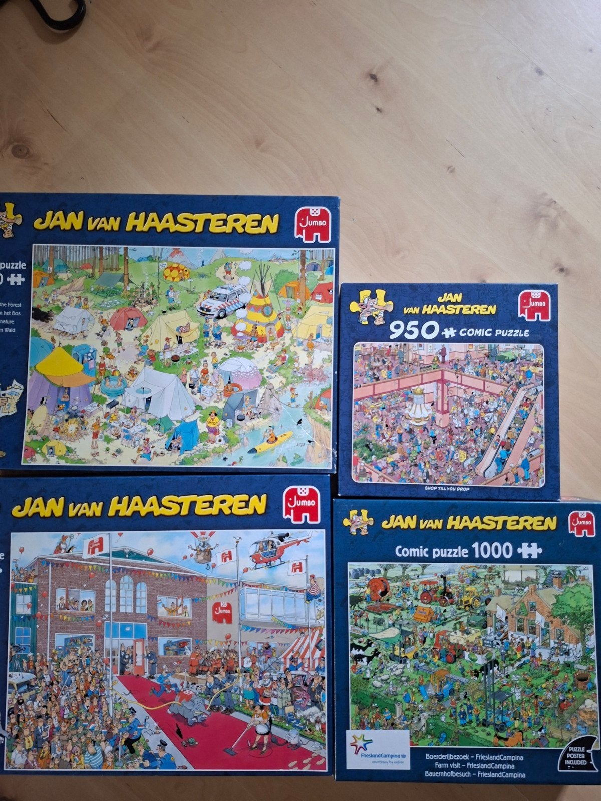 koopje! Jan van Haasteren Puzzels - 4 voor 25 euro, Ophalen of Verzenden, 500 t/m 1500 stukjes, Gebruikt, Legpuzzel