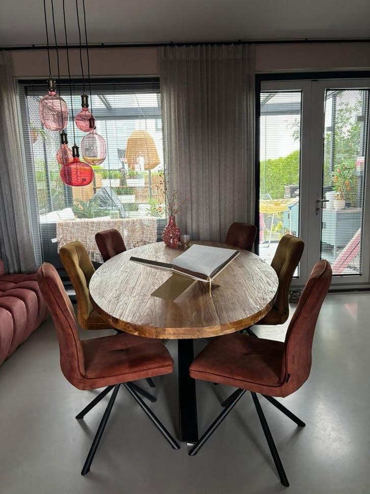 Ovale Teakhouten Eettafel 2.4m met 6 Stoelen, Ophalen, Bruin, Zo goed als nieuw, Stof