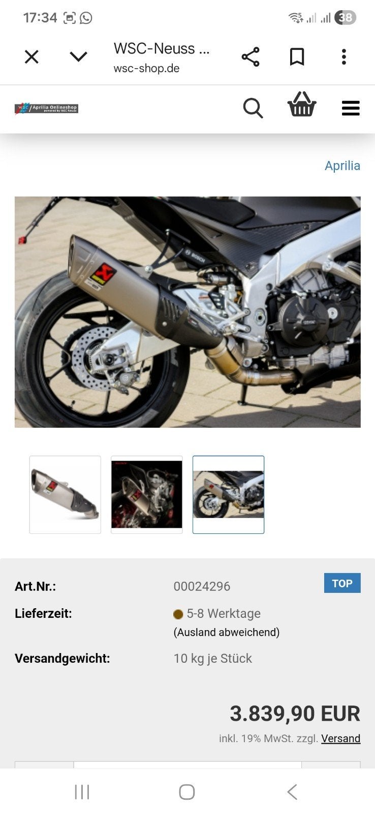 Akrapovic E4 achterdemper Aprilia Tuono v4  (2017 tm 2020), Ophalen of Verzenden, Nieuw