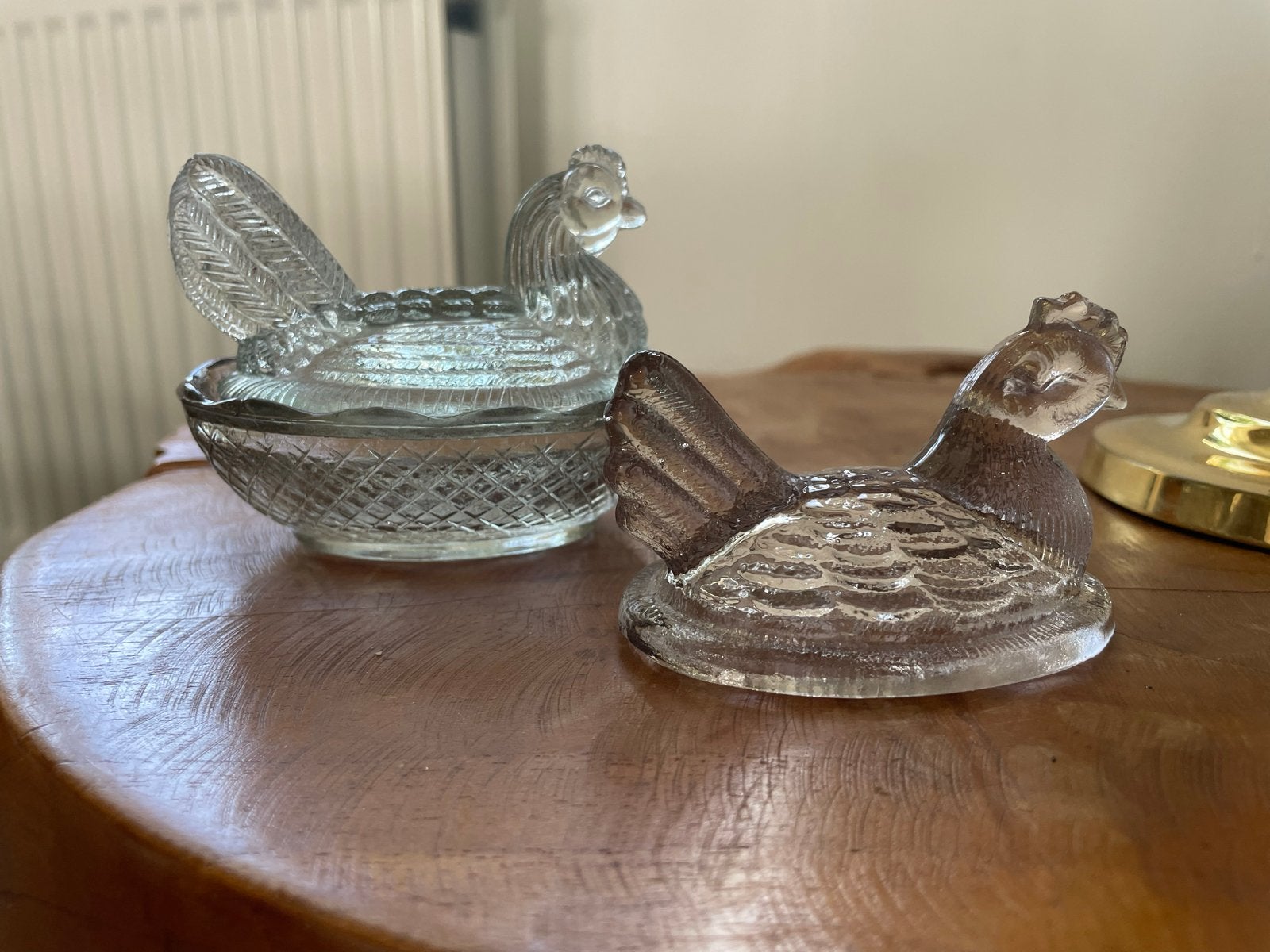 Glazen snoepschaal kip met 2 deksels - ca. 8.5 cm breed, Ophalen of Verzenden
