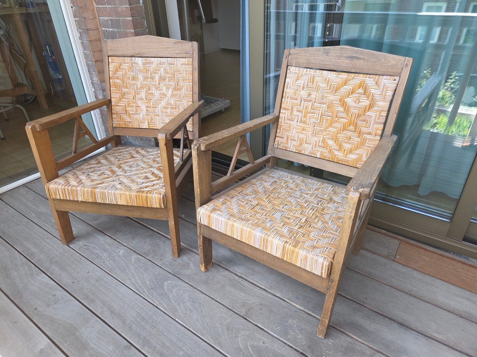 Teakhouten rotan tuinstoelen, Ophalen, Gebruikt, Teakhout