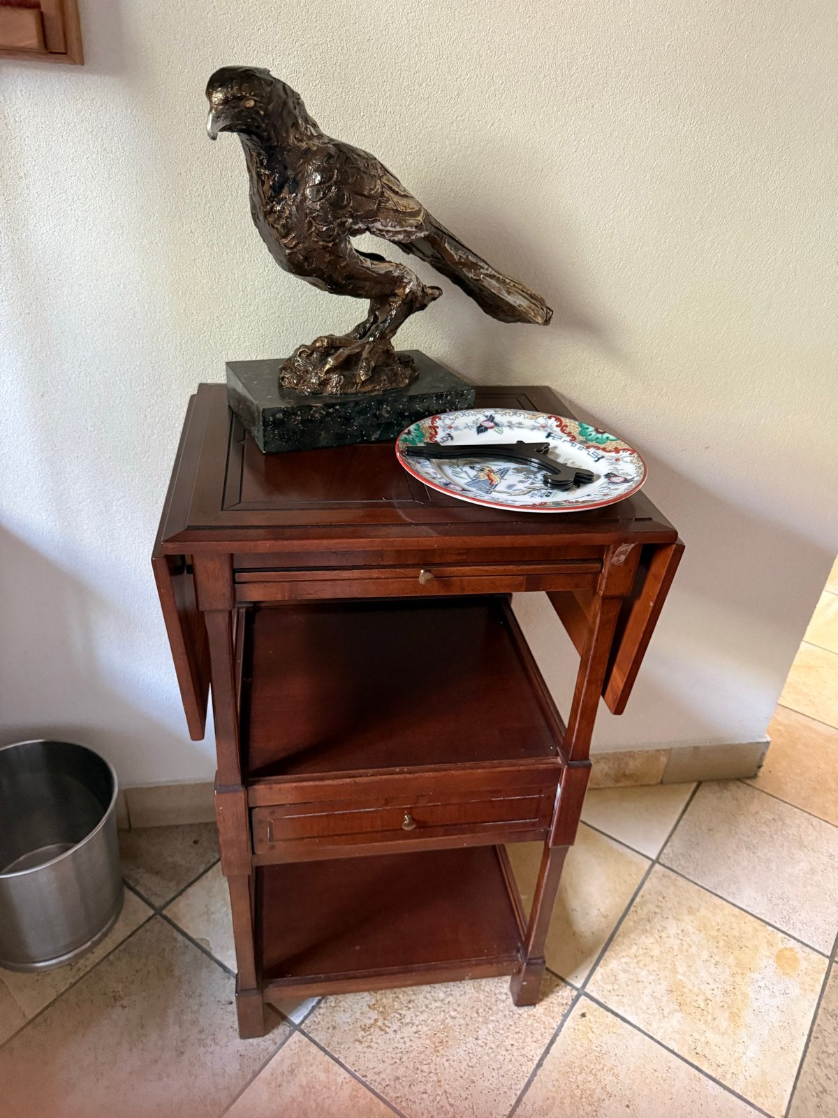 Antieke bronzen vogel sculptuur op marmeren sokkel, Antiek en Kunst, Ophalen