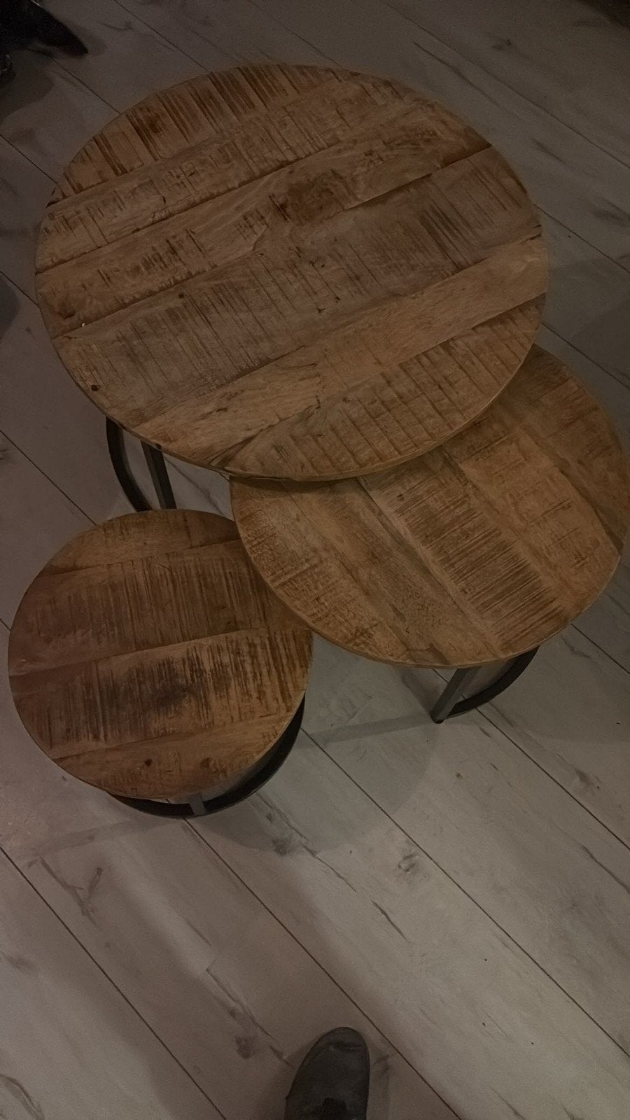 Set van 3 Mango Houten Salontafels met Geleefd Blad, Overige houtsoorten, Gebruikt, Industrieel, Landelijk, Rond