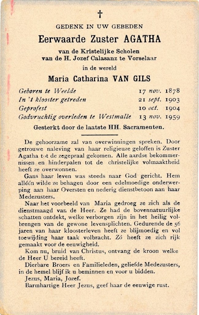 Gils Maria 1878 Weelde 1959 Westmalle zuster, Ophalen of Verzenden, Bidprentje