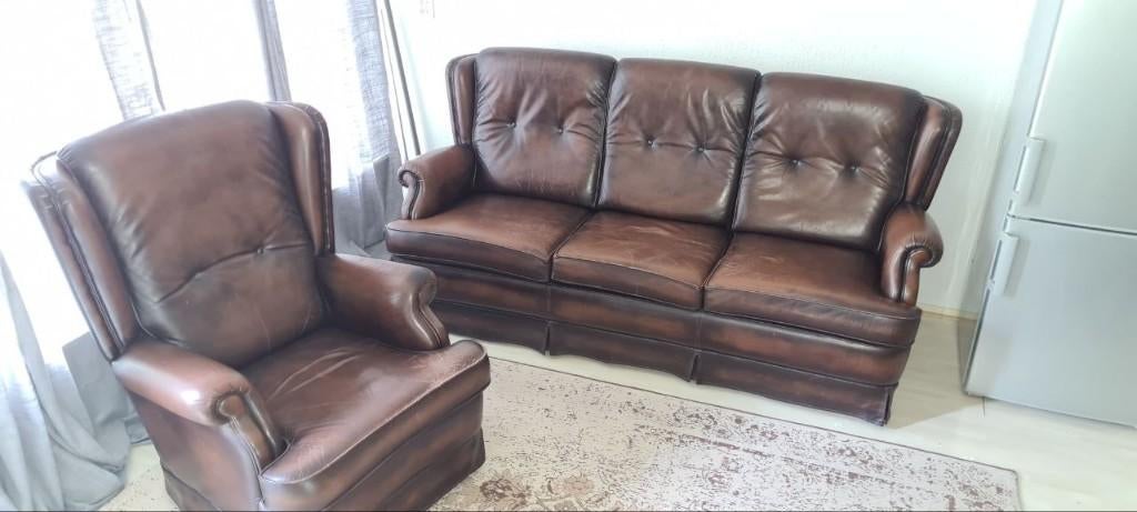 Gratis - Engelse leren stoel fauteuil + 3-delig bankstel, Ophalen, Gebruikt, 150 tot 200 cm, Driepersoons