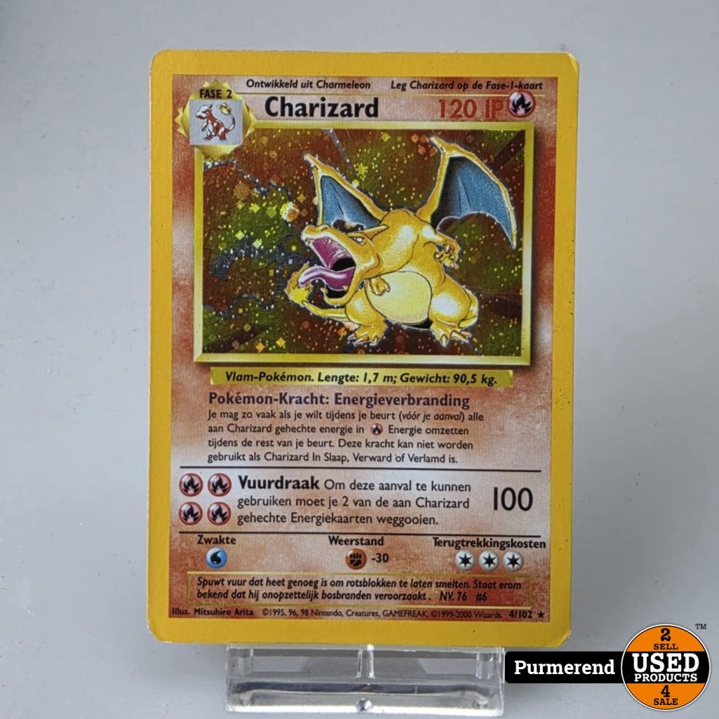 TCG Charizard BS 4 NL LP in Toploader, Gebruikt