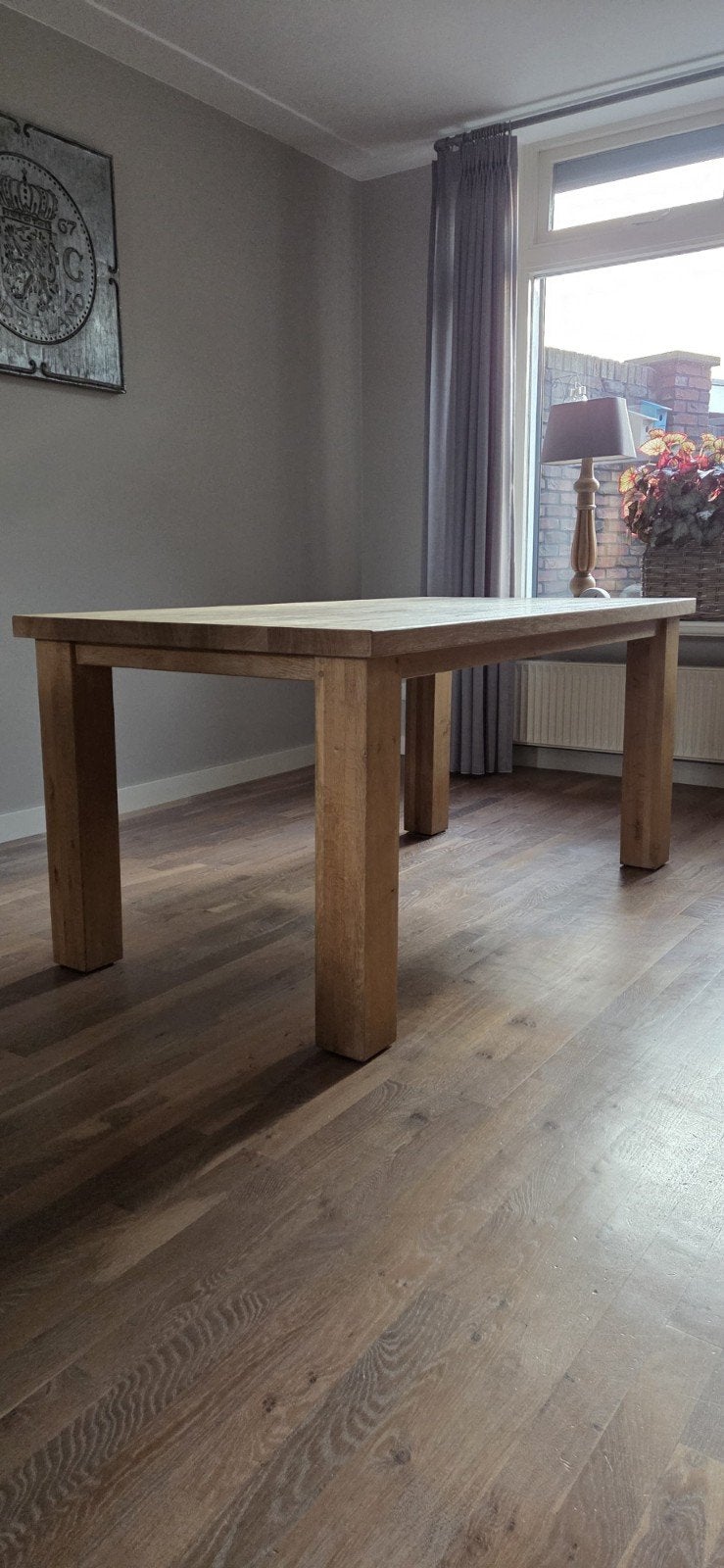 Prachtige massief eiken houten eettafel, Ophalen, Rechthoekig, 200 cm of meer, 50 tot 100 cm