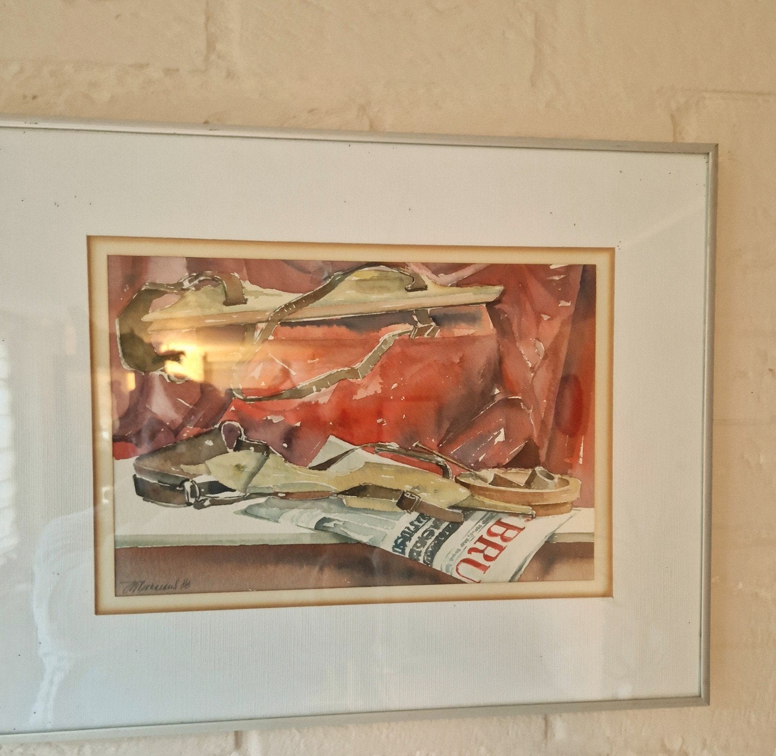 Aquarel Jan Verhoeven - Schaatsen met krant en asbak, Realistisch, Stilleven, Ophalen of Verzenden, Aquarel