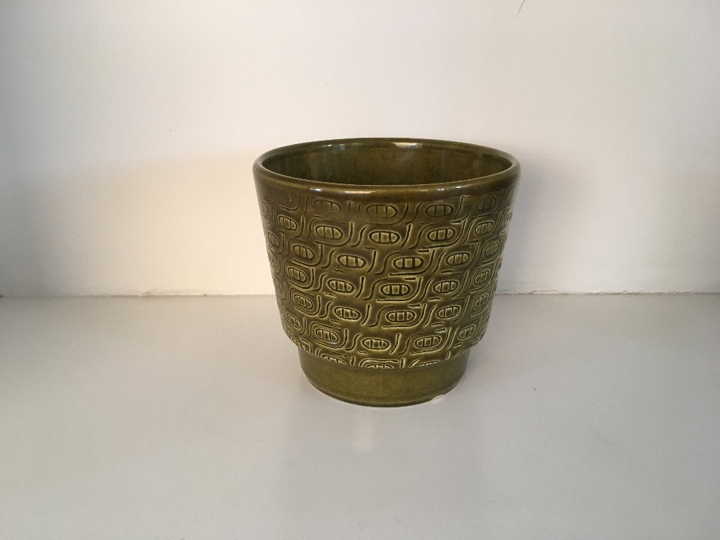 Vintage groene bloempot met reliëfpatroon, 25 tot 40 cm, Gebruikt, Ophalen of Verzenden, Minder dan 40 cm