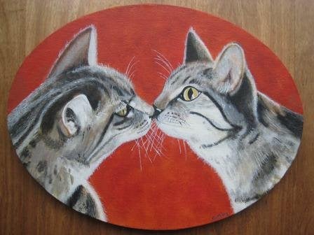 Handgeschilderd: schilderij van 2 katten (40 x 30 cm.), Huis en Inrichting, Woonaccessoires | Schilderijen, Tekeningen en Foto's