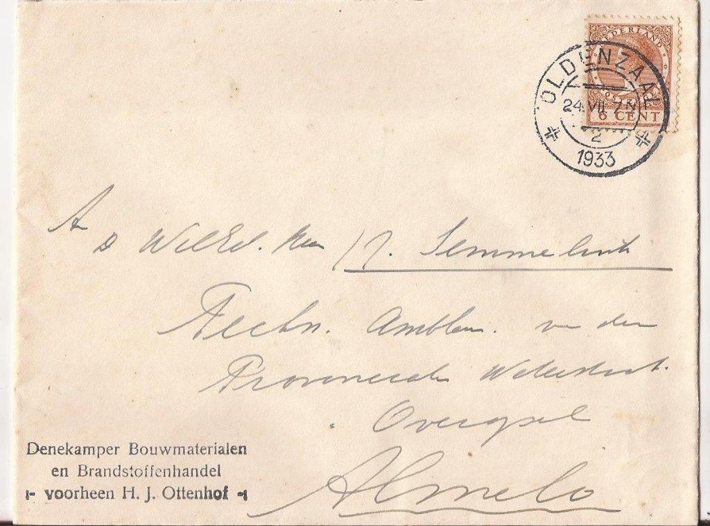 OLDENZAAL 1933 DENEKAMPER Bouwmaterialen Brandstoffenhandel, Ophalen of Verzenden, Voor 1920, Gelopen, Overijssel