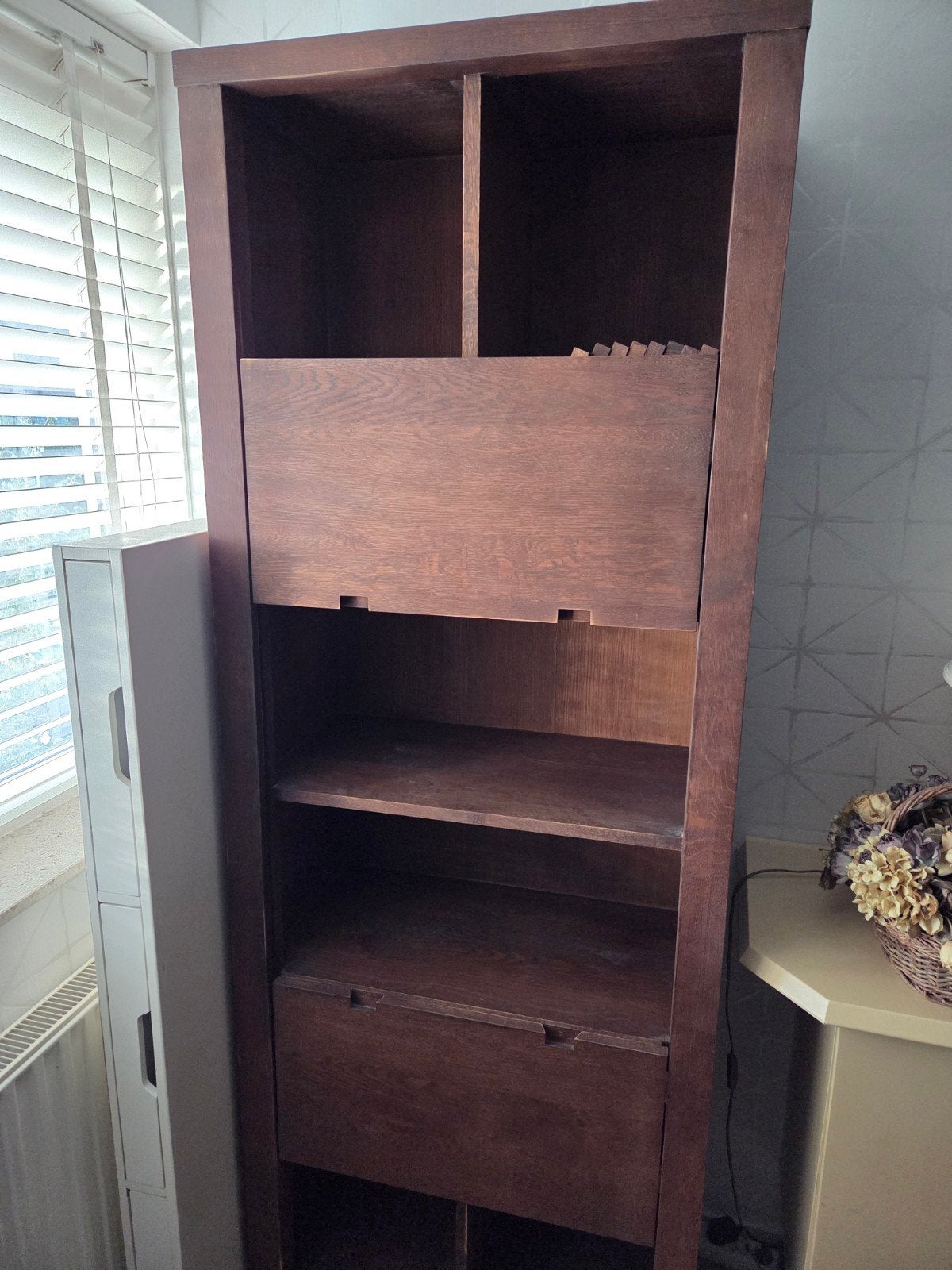 Boekenkasten eiken met schuifdeurtjes, planken en 8 vakjes., Ophalen, Gebruikt, 200 cm of meer, Eikenhout