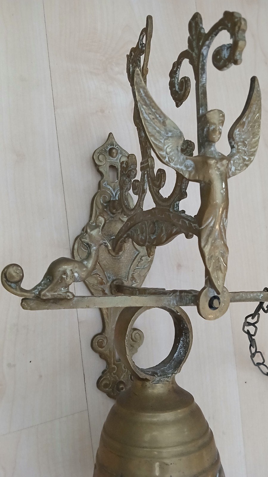 Antieke messing kloosterbel met engel en draak, Antiek en Kunst, Ophalen of Verzenden