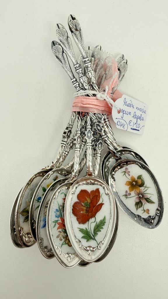 12 verzilverde hele gave geëmailleerde bloemlepels., Antiek en Kunst, Verzenden, Zilver