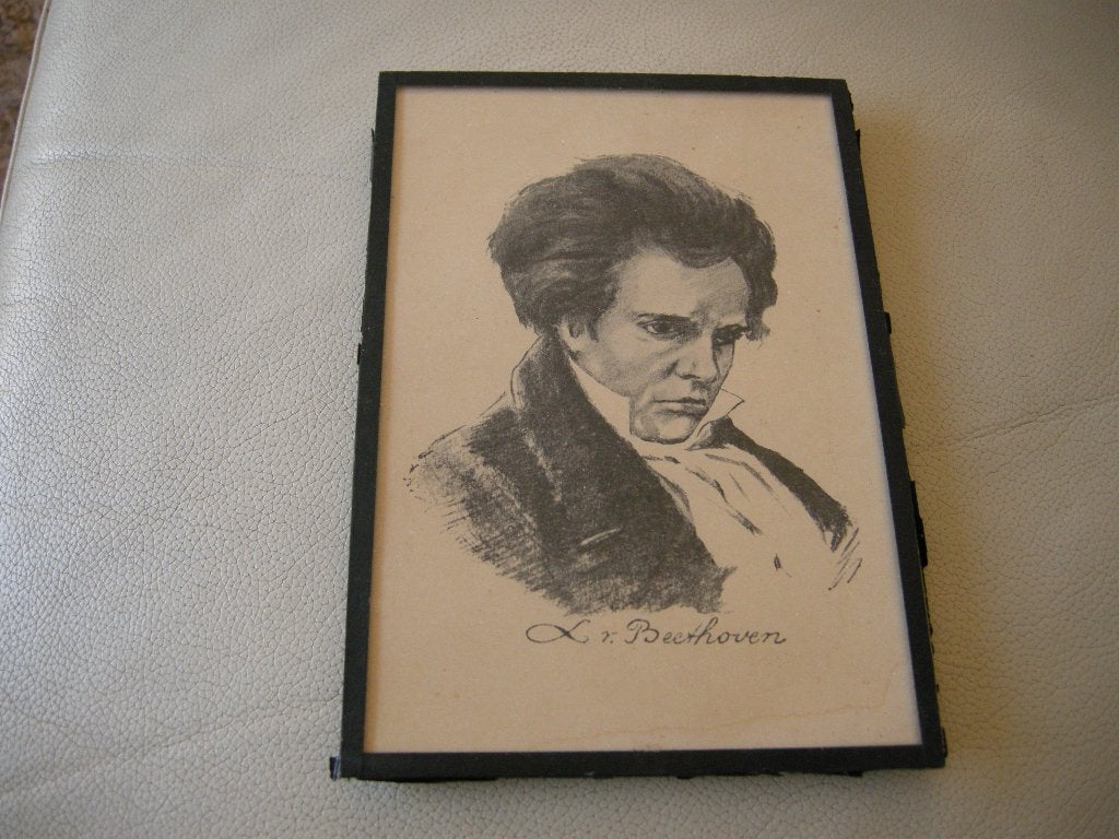 Oude tekening beethoven in oude kapotte lijst 17,5-12 cm, Ophalen of Verzenden