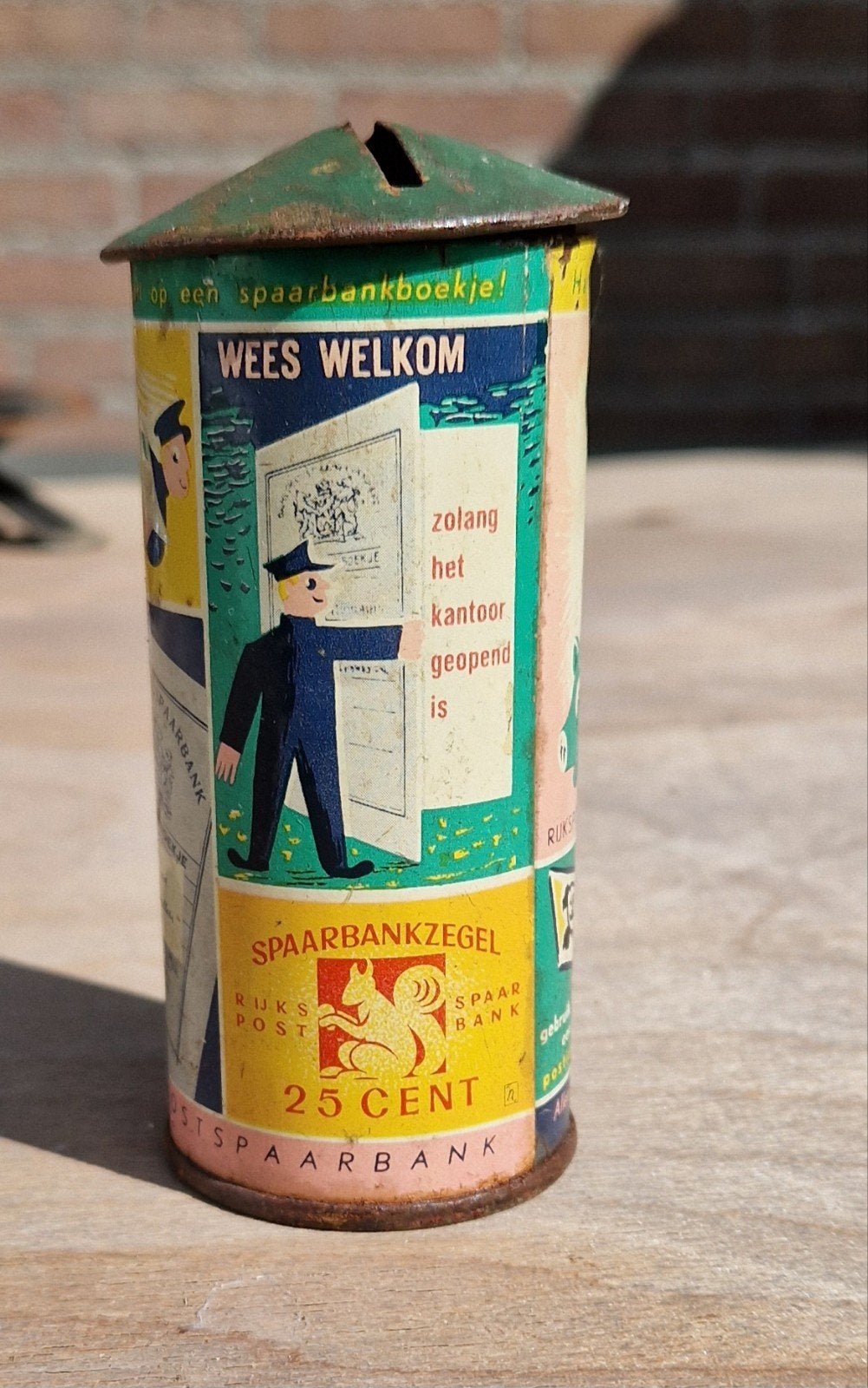 Vintage Rijkspostspaarbank spaarpot - Blik - Jaren '50, Ophalen of Verzenden, Gebruikt, Metaal of Blik, Overige thema's