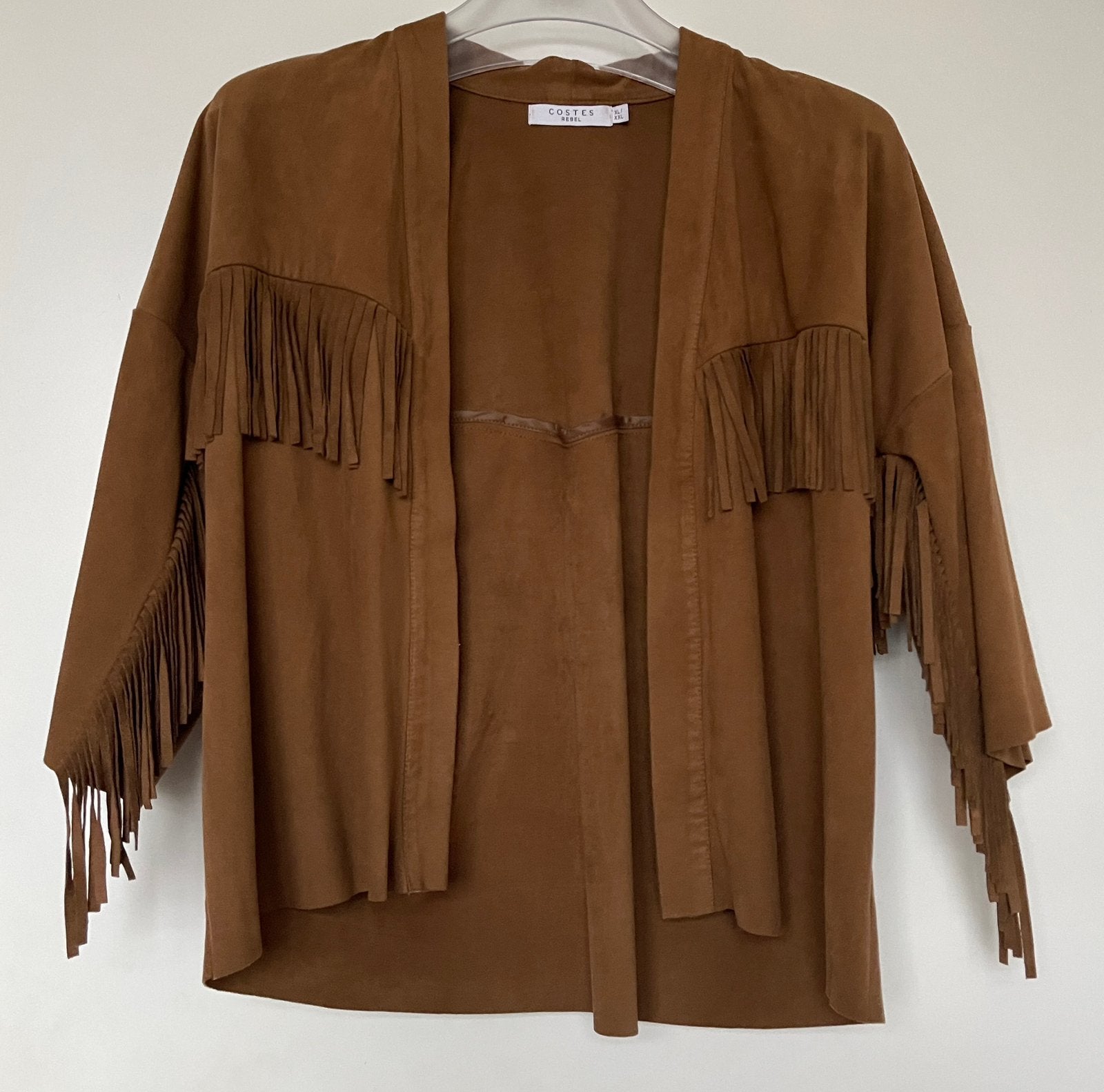 Suede jasje bruin met franjes, Ophalen of Verzenden, Zo goed als nieuw, Maat 46/48 (XL) of groter, Bruin