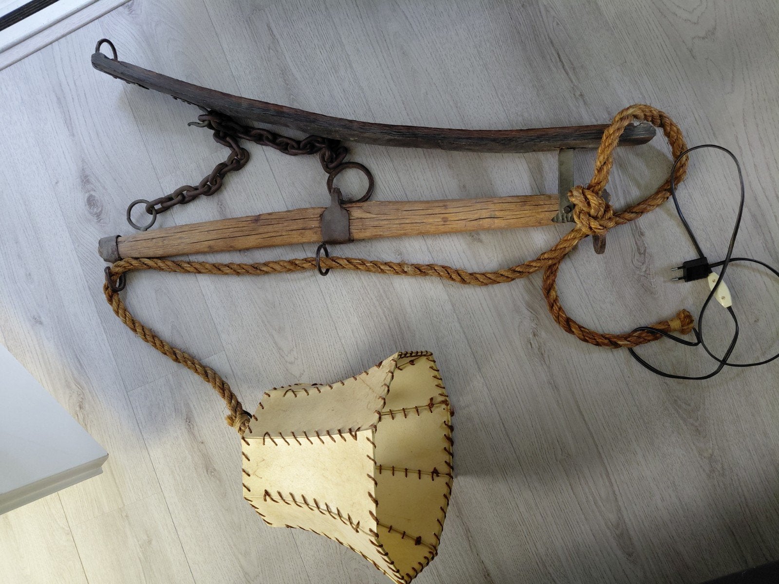 Unieke vintage lamp van juk en leer, Ophalen of Verzenden